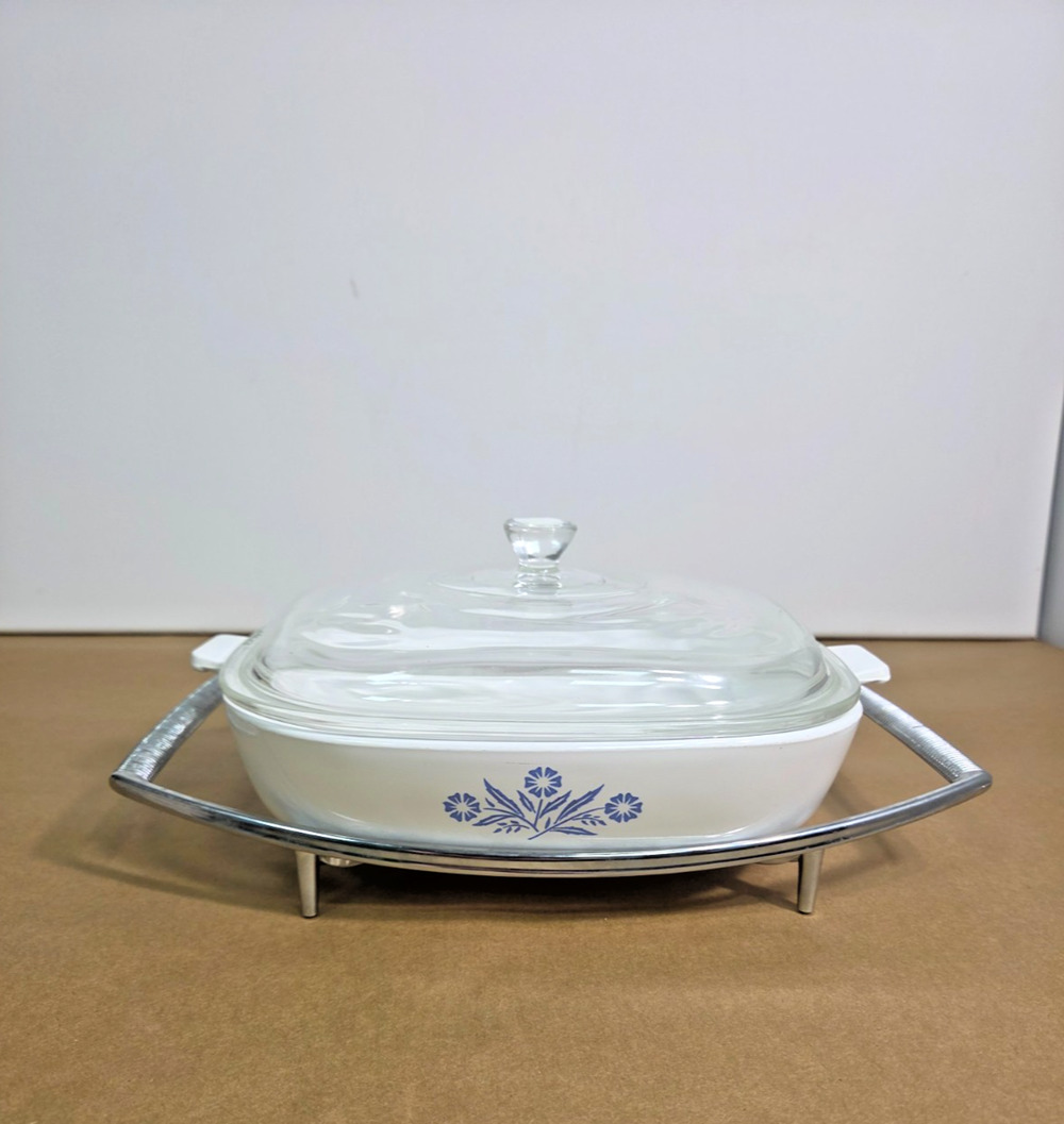 Vintage Corning Ware Blue Cornflower 10" Skillet P-10-B with Lid & Chrome Cradle